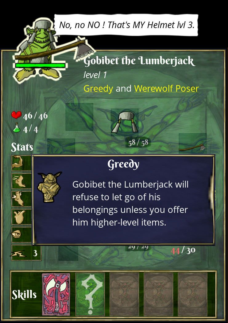 greedy goblin refusing to let down his precious helmet
